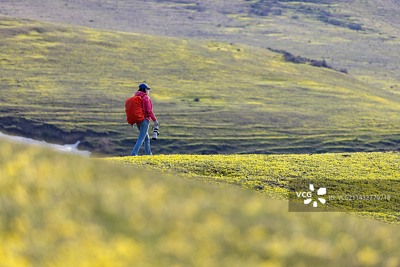 在山上徒步旅行拍照的年轻女人图片素材