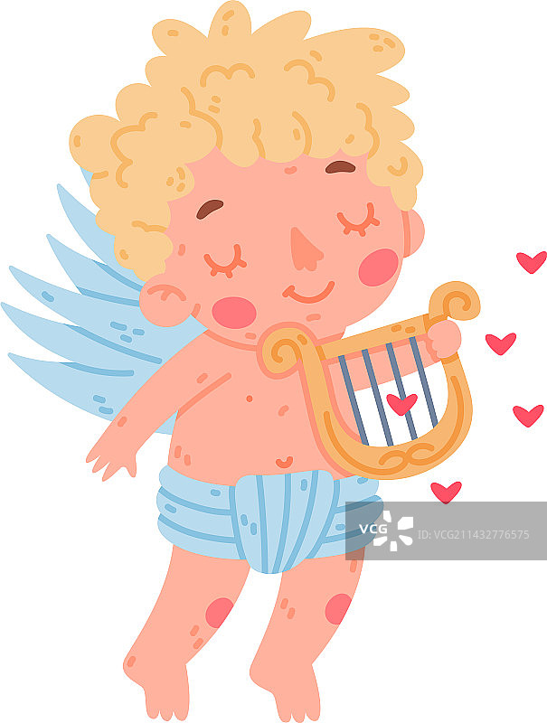 抱着竖琴的可爱金发小天使丘比特男婴图片素材