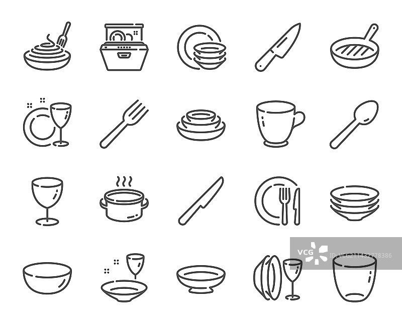 餐具线条图标，餐盘和食物碗图片素材