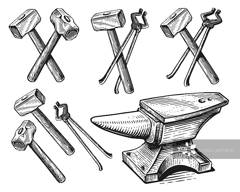 复古铁匠钳锤砧素描图片素材