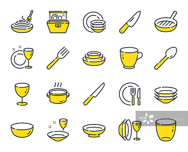 餐具线条图标，餐盘和食物碗图片素材