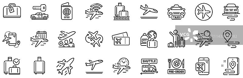 机场线性图标，含登机牌和行李领取图片素材
