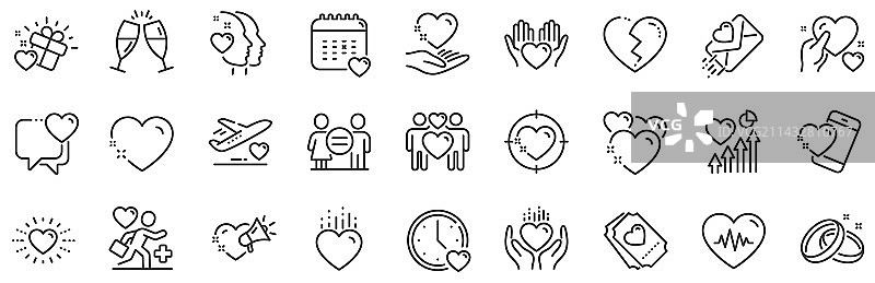 包含礼品盒和破碎的心等元素的情感线条图标图片素材