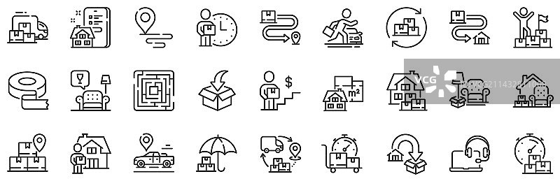 搬家服务线条图标：家具搬运租赁图片素材