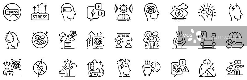压力相关的心理健康和抑郁症线条图标图片素材