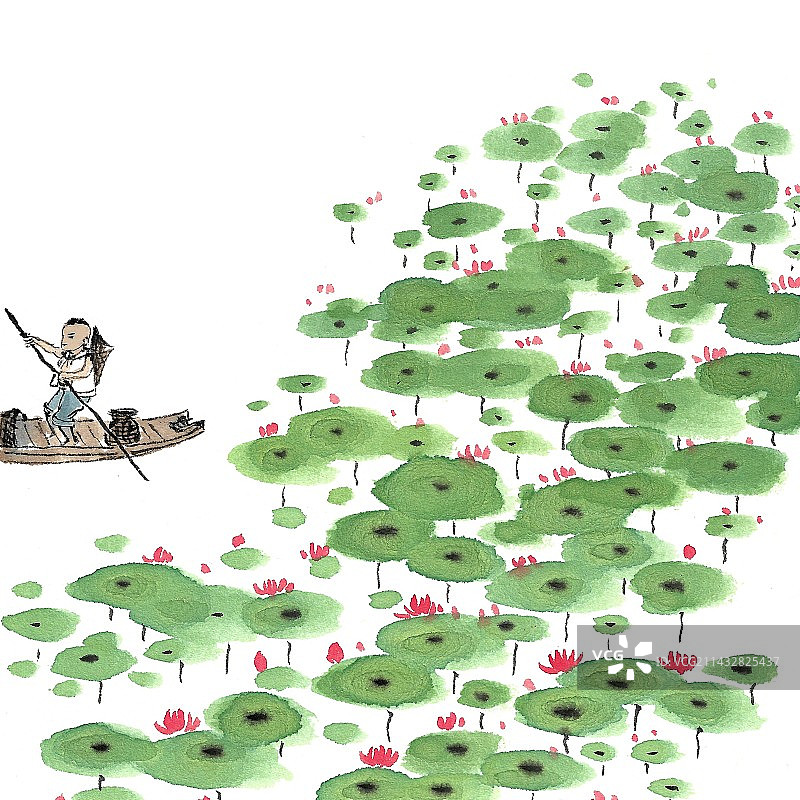 手绘水墨插画中国画古诗词配图荷塘小船图片素材