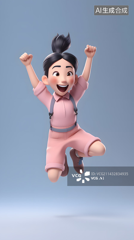 【AI数字艺术】3D可爱卡通人物兴高采烈跳起来庆祝欢呼动作图片素材