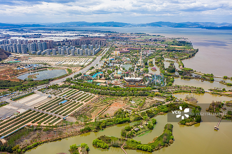 航拍云南昆明古滇精品湿地公园 七彩云南古滇名城 昆明滇池外海 环滇池湿地生态圈慢行步道 古滇国文化园图片素材