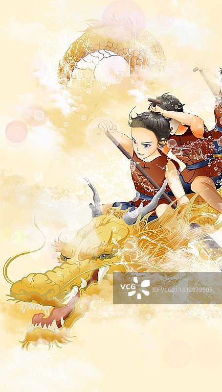 端午少年身穿中国红在河流里划龙舟庆祝传统节日图片素材