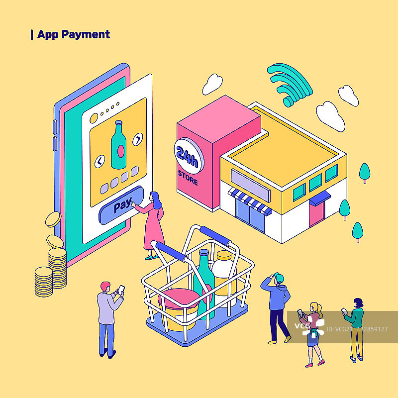 手机支付、手机应用、购物、便利店和购物车图片素材