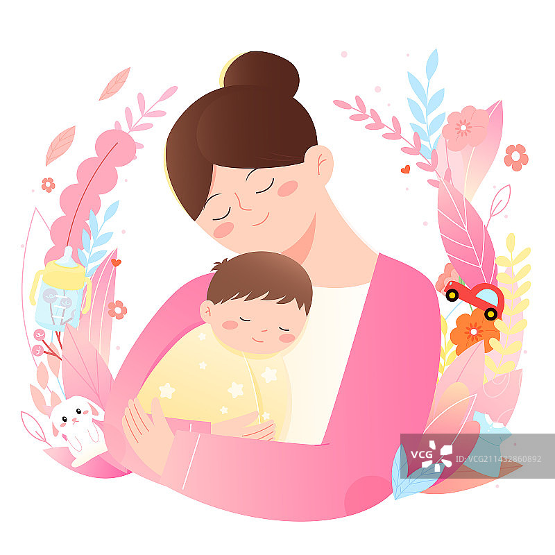 母亲怀抱婴儿和植物玩具母亲节矢量插画图片素材