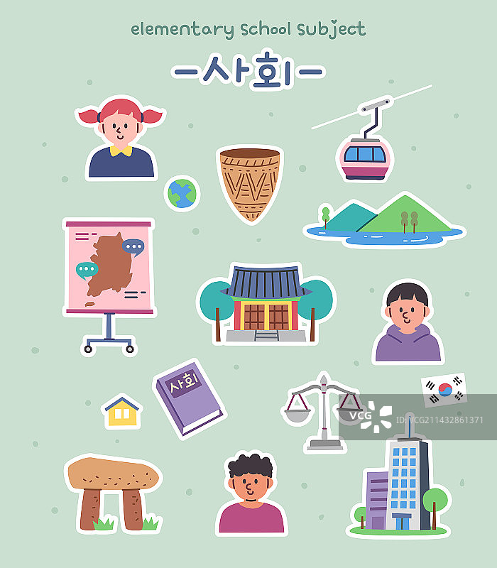 科目、教育、图标集：缆车、梳纹土器、儿童、支石墓、双臂秤、太极旗、韩国文化资产、韩国地图图片素材