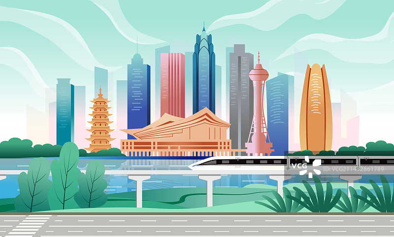 中国浙江省宁波市商务科技城市彩色矢量插画图片素材