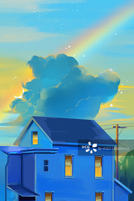 手绘插画|蓝天|彩虹|忧郁蓝|速涂图片素材