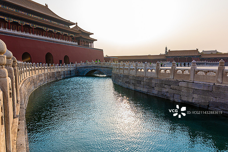 黄昏日落暖暖的阳光照在北京故宫清澈的金水河图片素材
