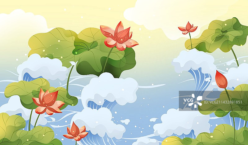 荷花池塘插画图片素材