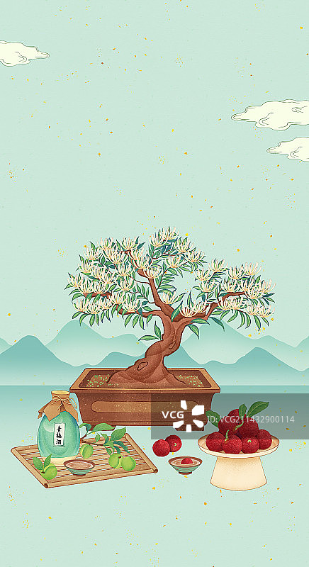 二十四节气芒种美食金银花杨梅青梅酒莙荙菜插画山水海报模板图片素材