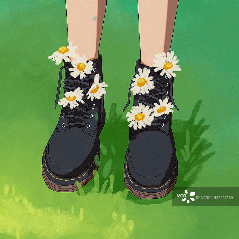 小雏菊马丁靴手绘插画图片素材