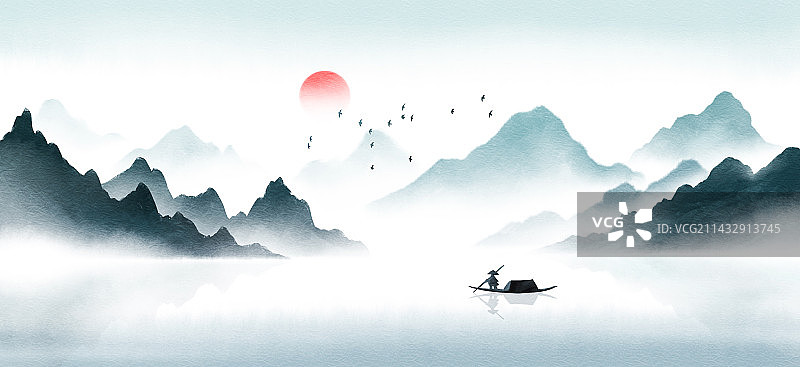 新中式风格抽象水墨山水风景插画图片素材