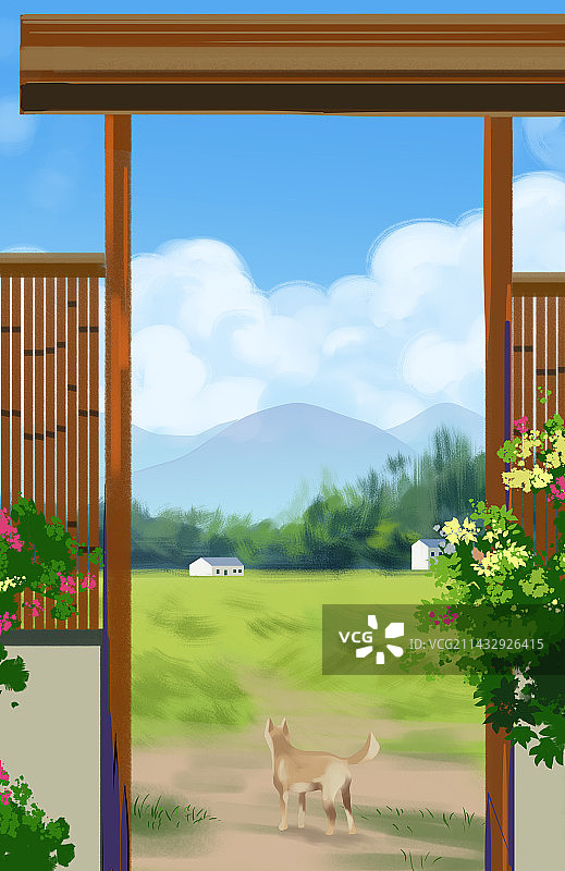 乡村生活田园风光农家小院农田农村村子村落乡下风景景色插画图片素材