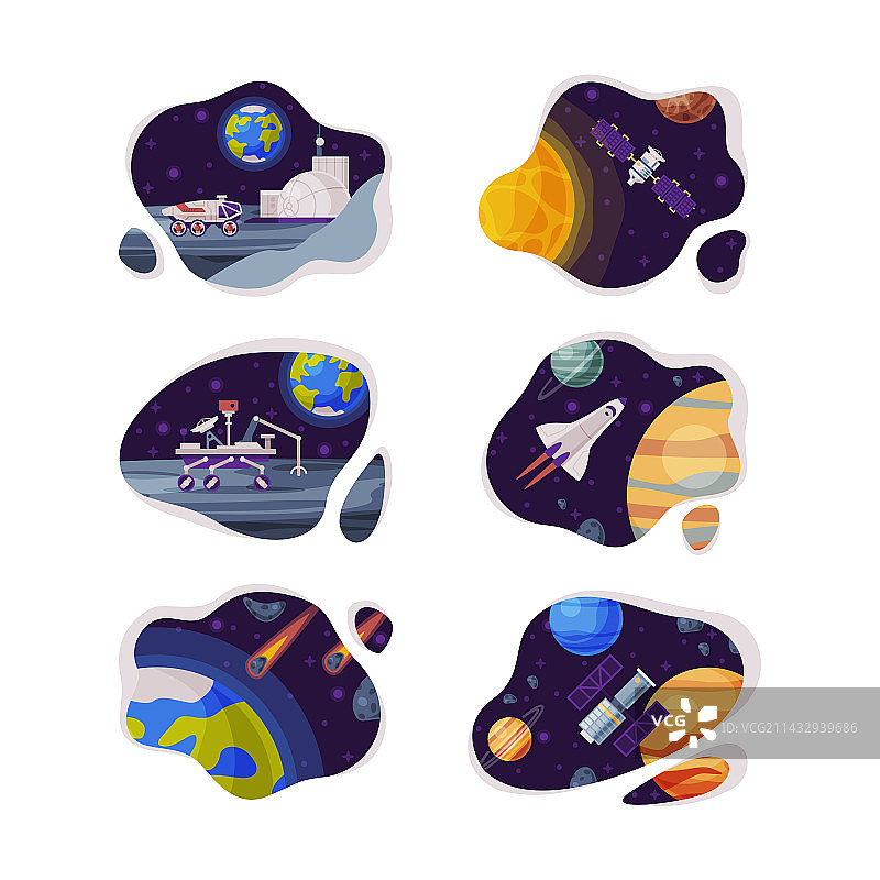 带有月球车和飞行物的太阳系行星图片素材