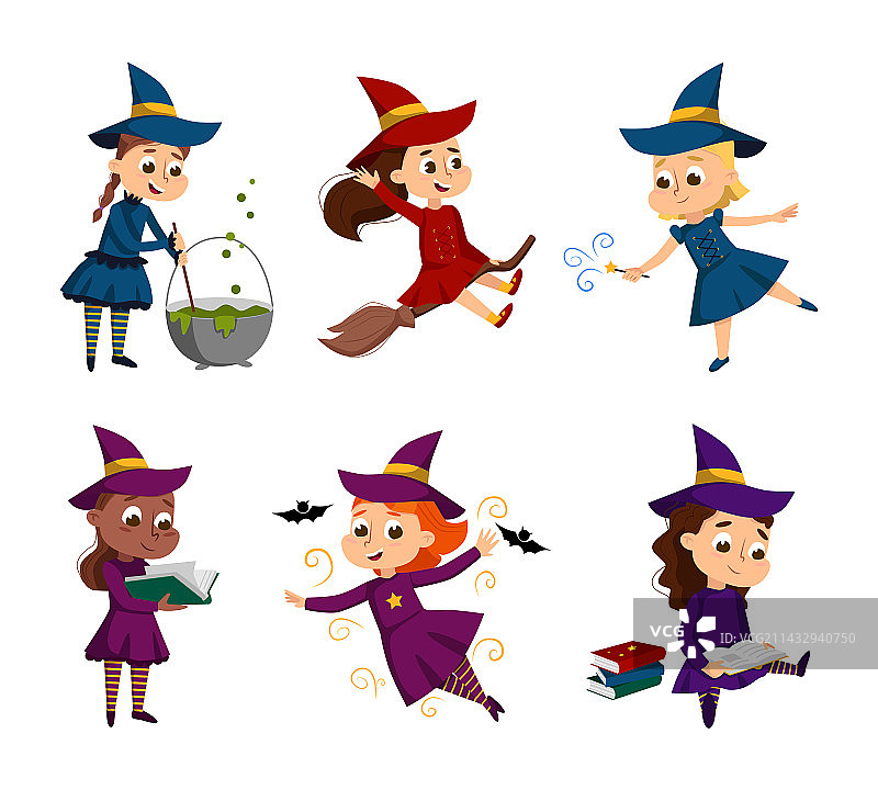 穿着连衣裙和尖帽的快乐女巫在施法图片素材