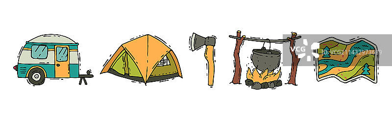带厢型车、帐篷、斧头的露营和探险图片素材