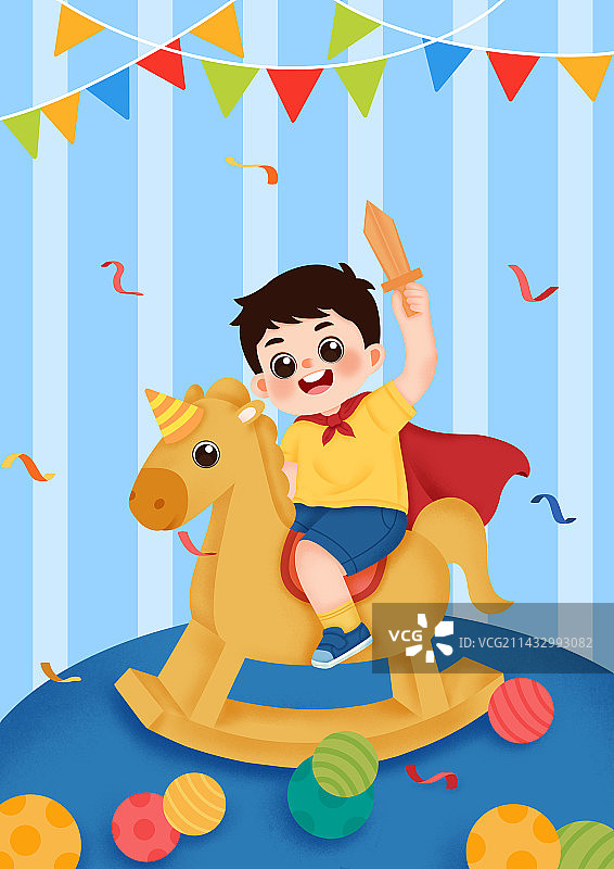 骑着木马的男孩欢度节日，儿童节图片素材