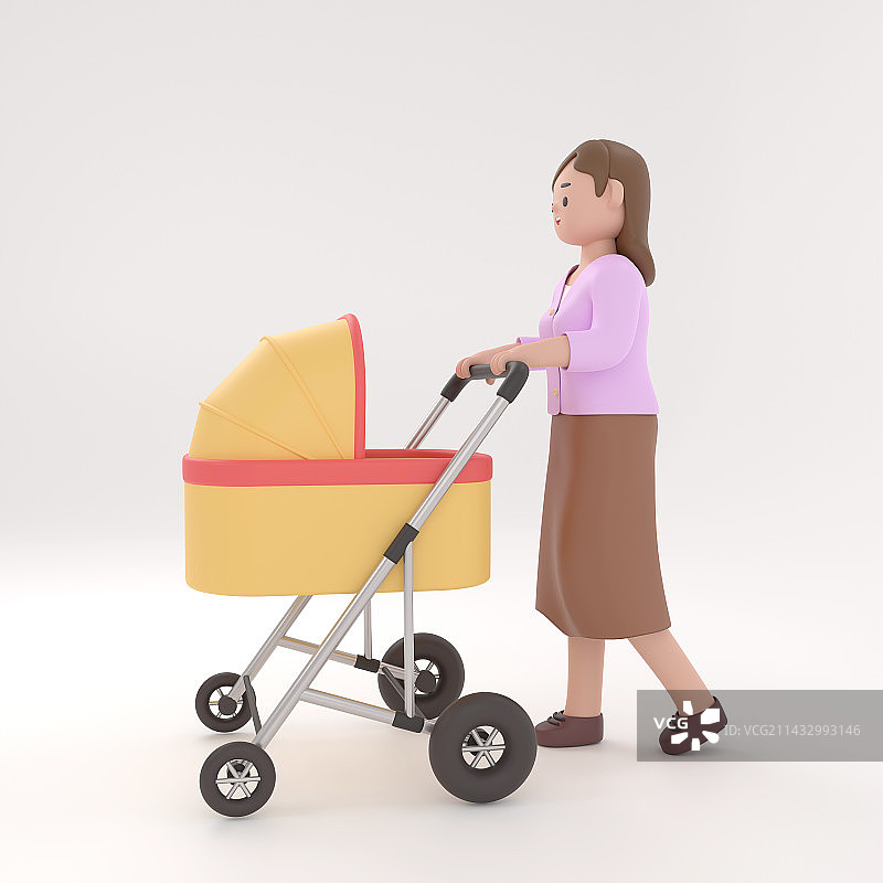 3d渲染推婴儿车的妈妈插画图片素材