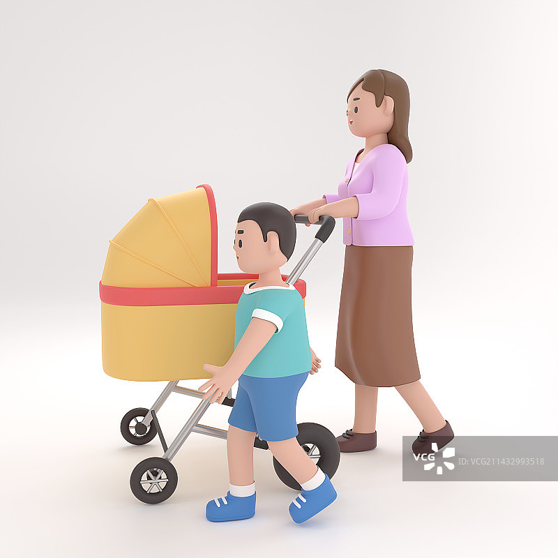 3d渲染妈妈带娃插画图片素材