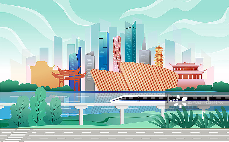 中国福建福州市商务科技城市国潮彩色插画图片素材