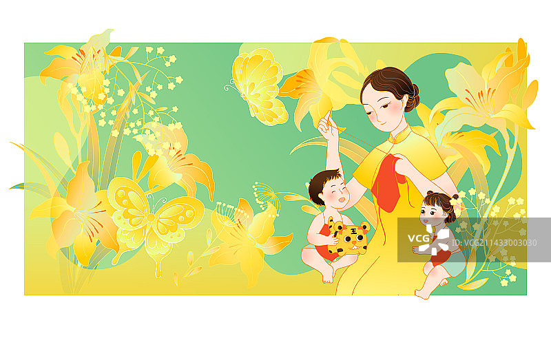 母亲节缝衣服母亲儿女萱草花蝴蝶插画图片素材