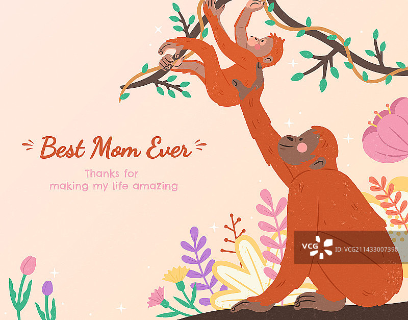 温馨母亲节插画海报 红毛猩猩妈妈照顾宝宝图片素材