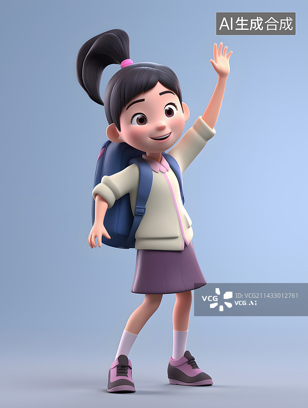 【AI数字艺术】3D可爱卡通黑发女生在高兴挥手打招呼欢迎纯色背景图片素材