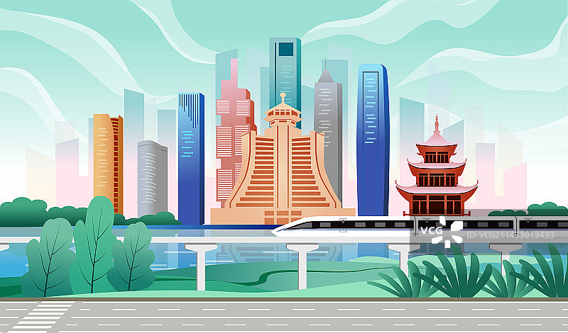 中国贵州贵阳市商务科技城市彩色插画图片素材