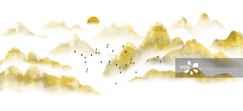 新中式风格抽象水墨金山水风景插画图片素材