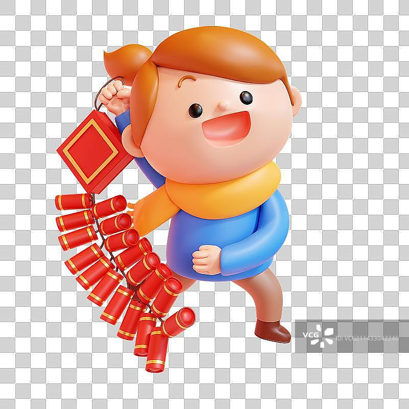 3D Happy Kid Holding Firecrackers图片素材