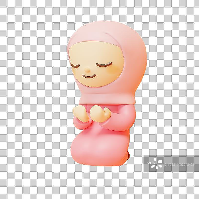 3D Muslim Girl Praying Salat with Peaceful Expression图片素材