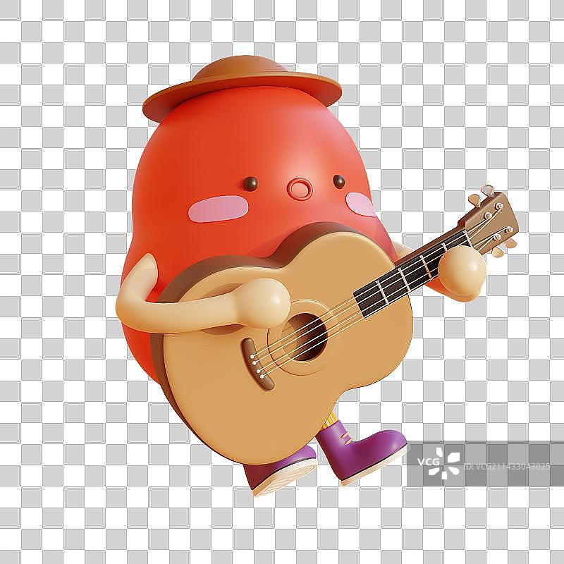 3D Cartoon Red Bean Shape Character Playing Guitar图片素材