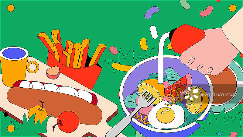美食节草地野餐沙拉面包矢量插画节日海报图片素材