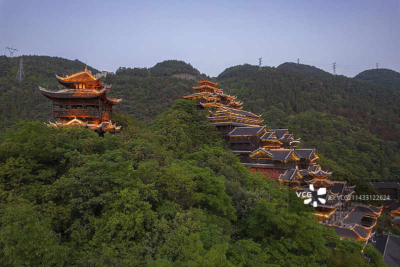 中国重庆市彭水县蚩尤九黎城景区夜景航拍图片素材