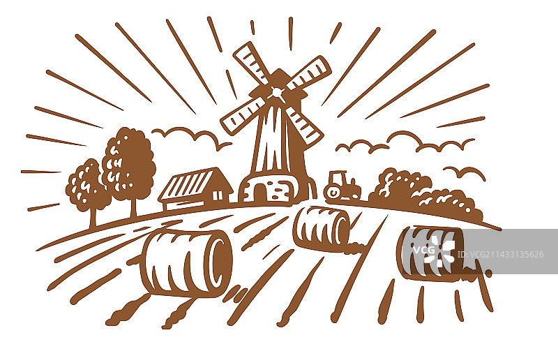 手绘乡村磨坊风景图片素材