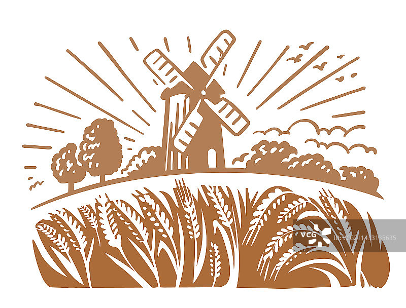 手绘磨坊麦田景观图片素材