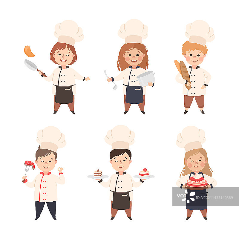 戴着白色厨师帽和制服的快乐儿童厨师图片素材