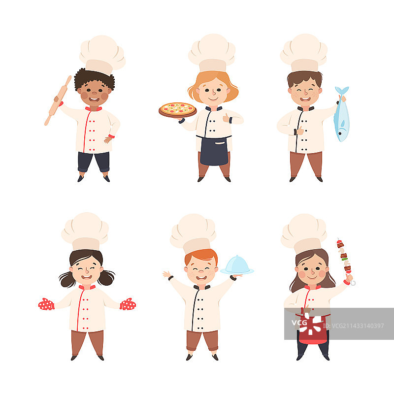 戴着白色厨师帽和制服的快乐儿童厨师图片素材