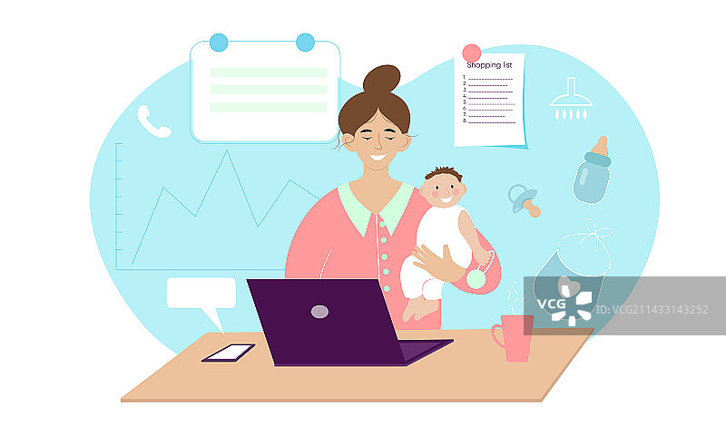 自由职业者在家带孩子工作图片素材