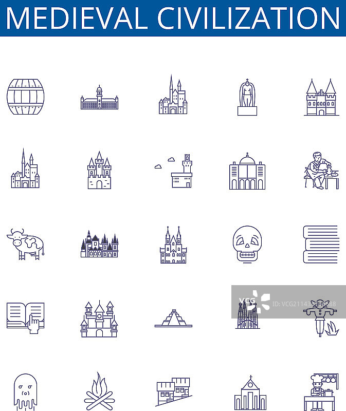 中世纪文明线性图标符号集设计图片素材