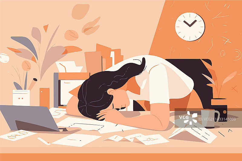 疲惫的女员工趴在桌子上休息图片素材