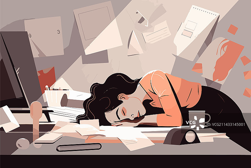 疲惫的女员工趴在桌子上休息图片素材
