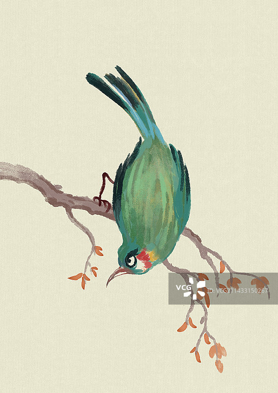 蓝绿色小鸟水墨图片素材